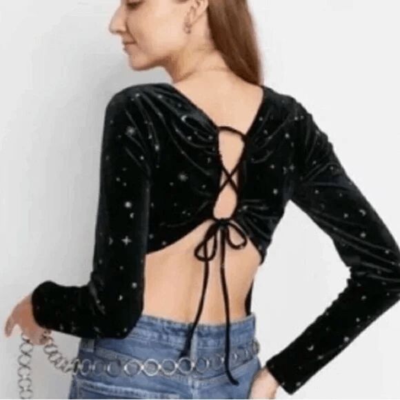 Wild Fable Black Velvet Whimsygoth Stars Moons Backless Bodysuit Small - Picture 9 of 11